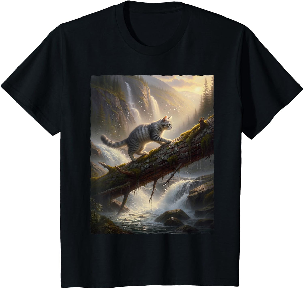 Tabby Cat Forest Waterfall Mountain Outdoor Nature Adventure T-Shirt - Black