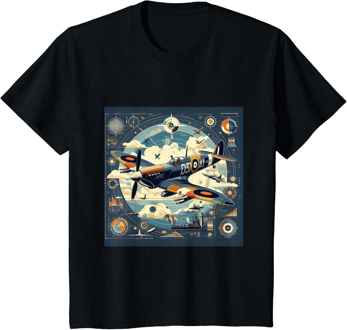 Spitfire RAF Supermarine WW2 Fighter Plane Infographics T-Shirt - Black