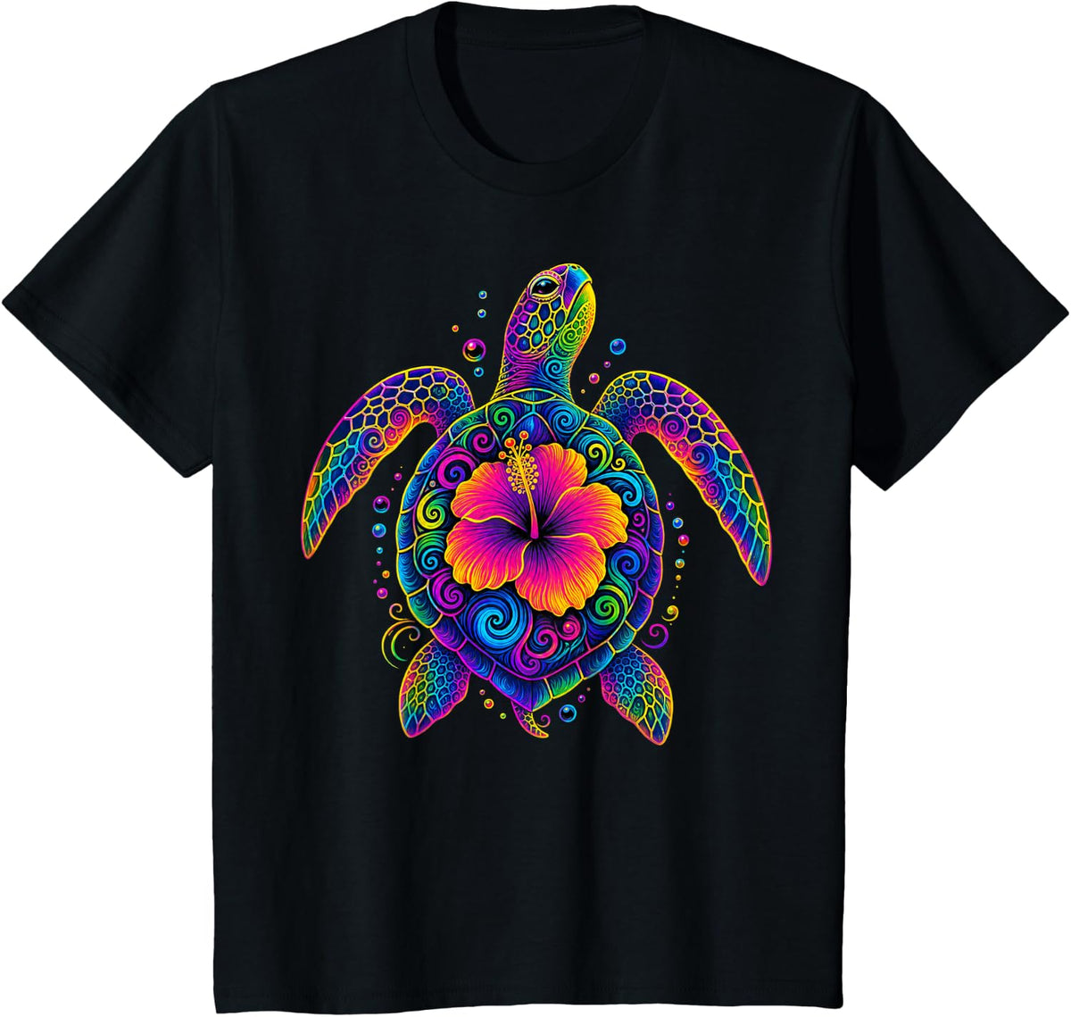 Sea Turtle with Hibiscus Flower T-Shirt - Black