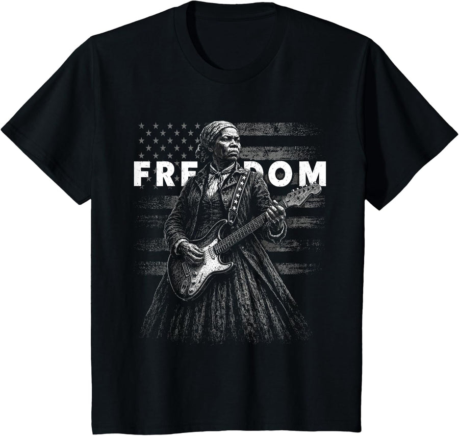Grunge American Flag Freedom Harriet Tubman Playing Guitar T-Shirt - Black