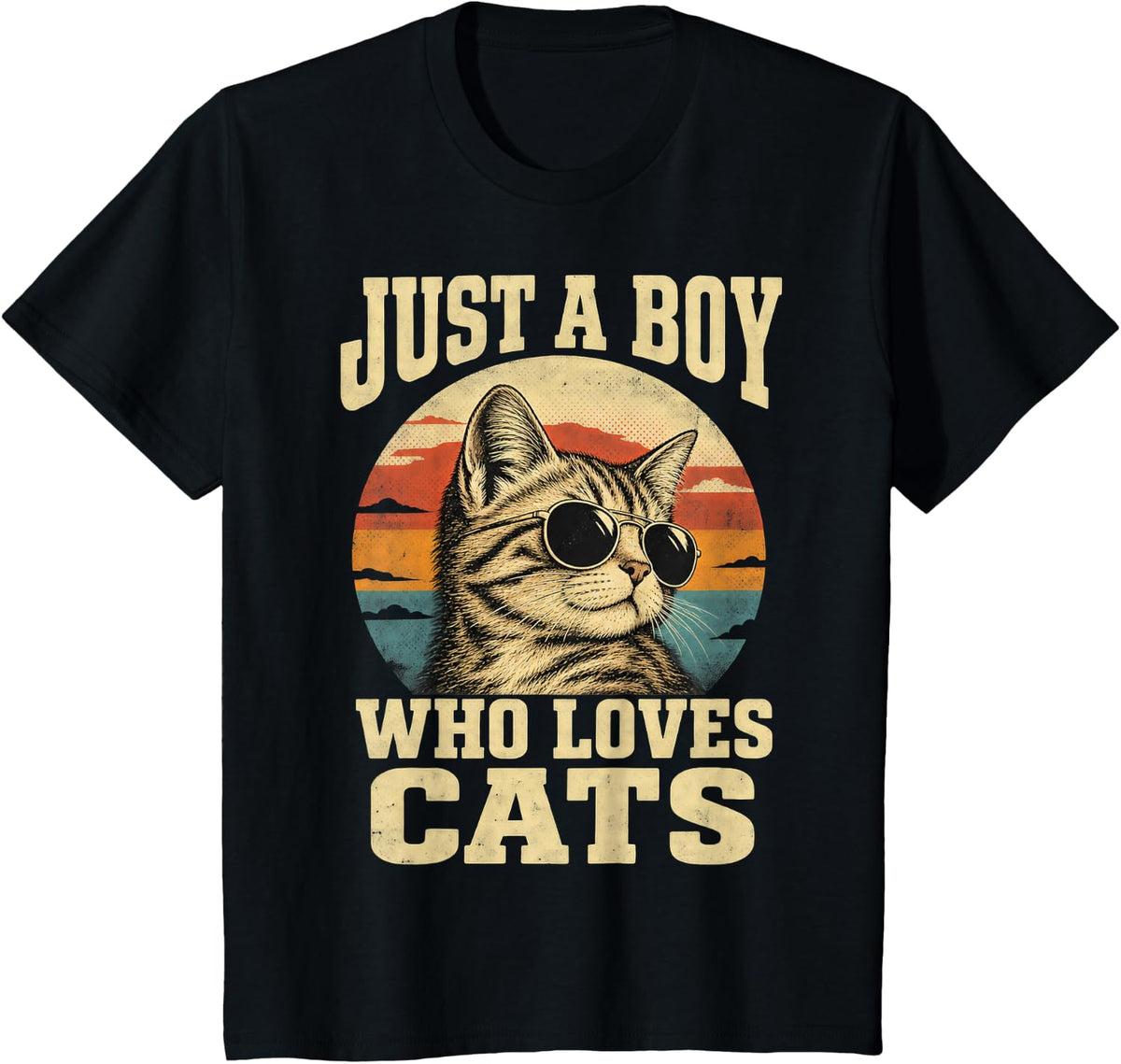 Retro Tabby Kitten in Aviator Sunglasses 70s Sunset T-Shirt - Black