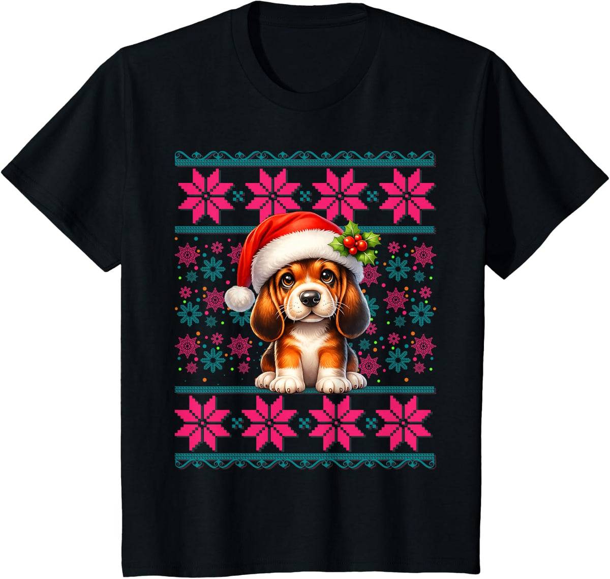 Santa Hat Ugly Christmas Pajama Women Girls Bloodhound Dog T-Shirt - Black