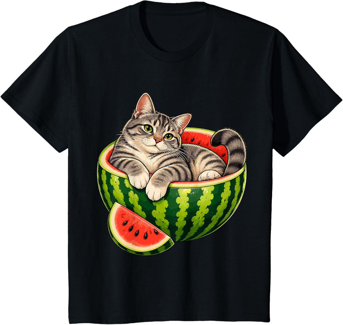 Tabby Cat in Watermelon Bed T-Shirt - Black