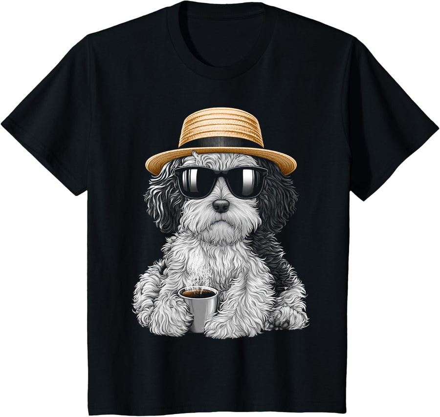 Aussiedoodle Dog Mom Coffee Print Sunglasses Motif T-Shirt - Black
