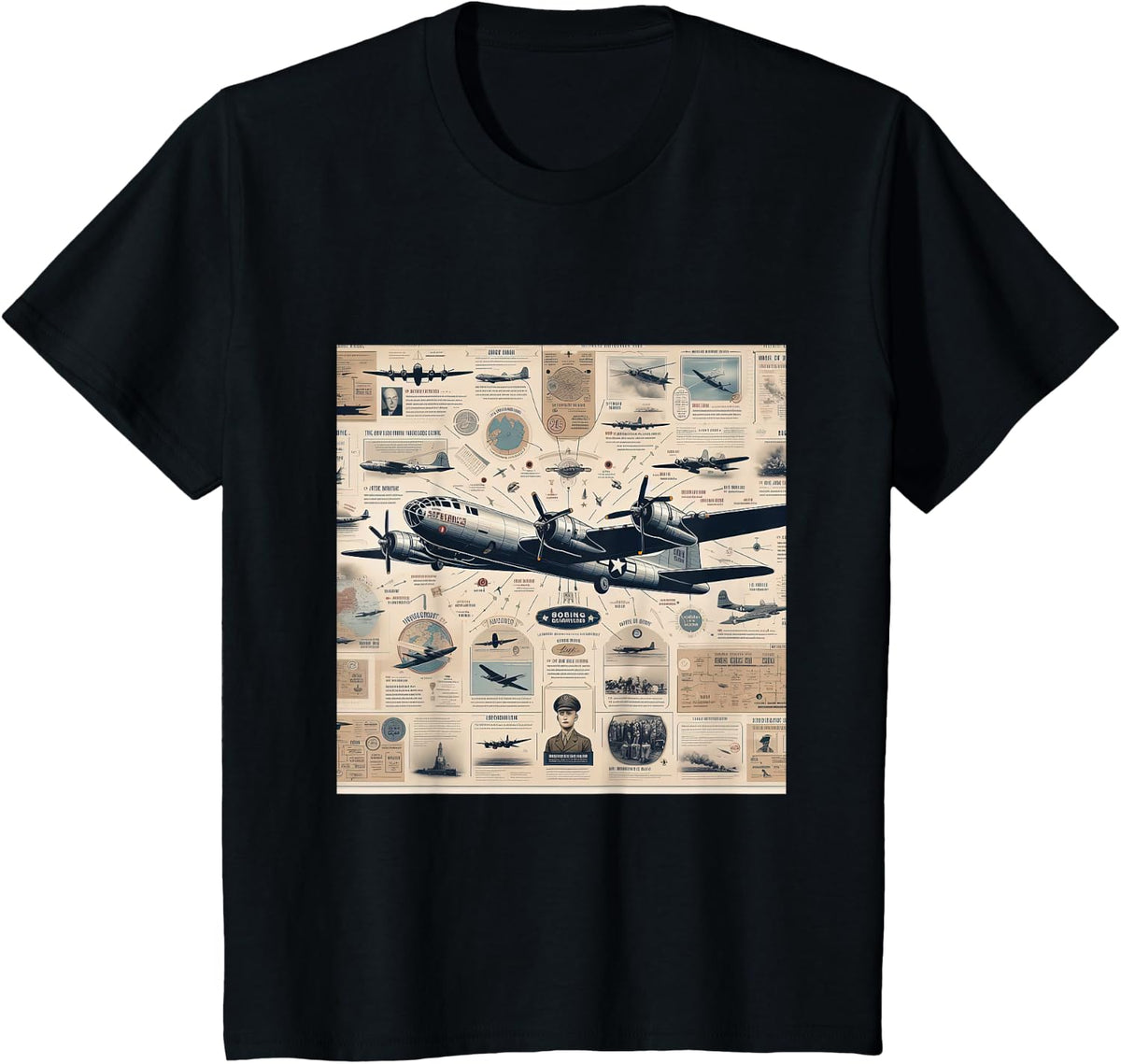 B29 Superfortress WW2 Warplane Airplane Infographics T-Shirt - Black