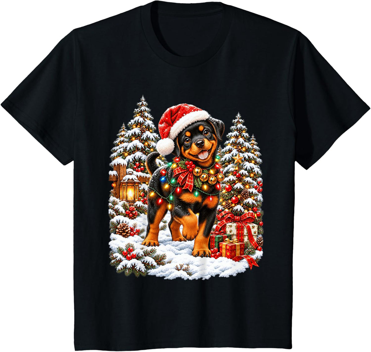 Joyful Rottweiler Holiday Santa Snow Scene T-Shirt - Black