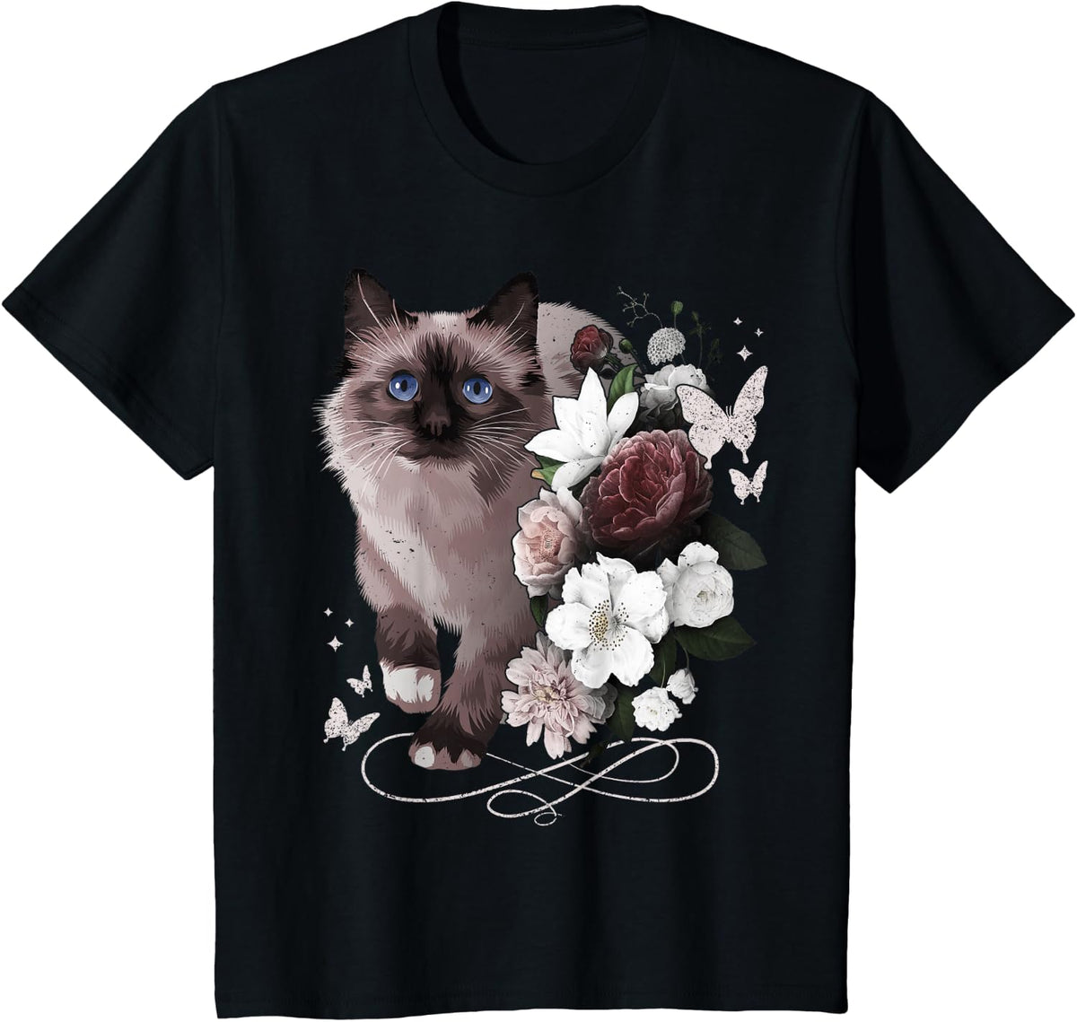 Siamese Cat with Flowers Vintage Look Floral Siamese Cat T-Shirt - Black