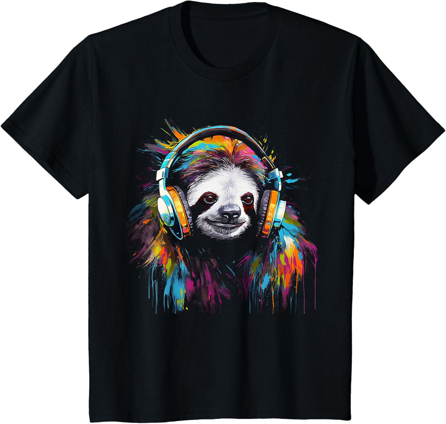Sloth Artwork Music Animal Headphones Colourful Sloth T-Shirt - Black
