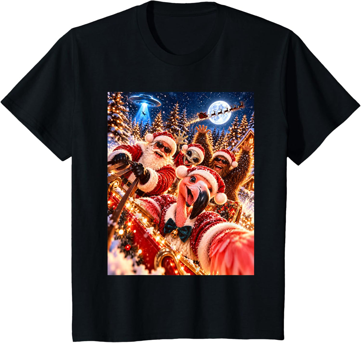 Excited Flamingo Santa Christmas Selfie UFO Graphic T-Shirt - Black