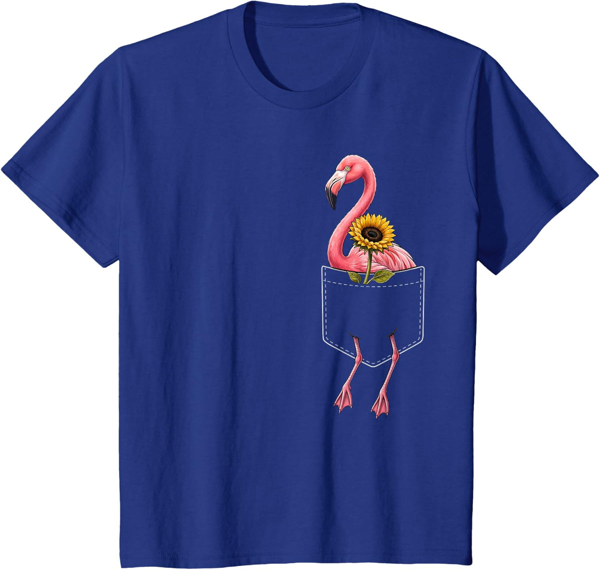 Flamingo Pocket Holding Sunflower Animal Lover T-Shirt - Royal Blue
