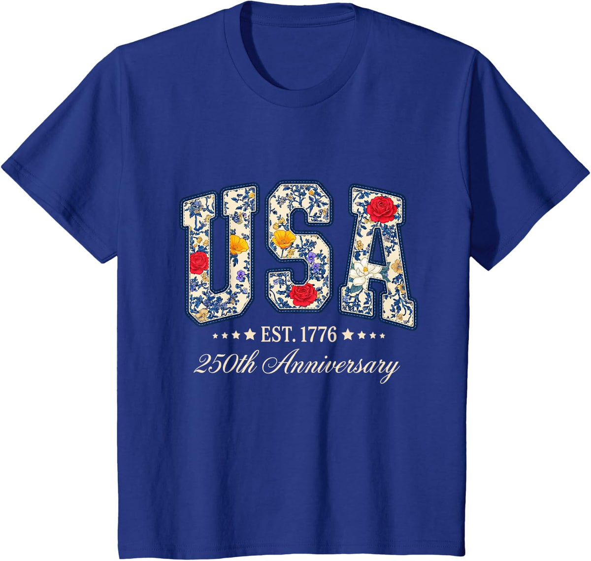 Floral USA 4th of July Patriotic Women 250th Anniversary USA T-Shirt - Royal Blue
