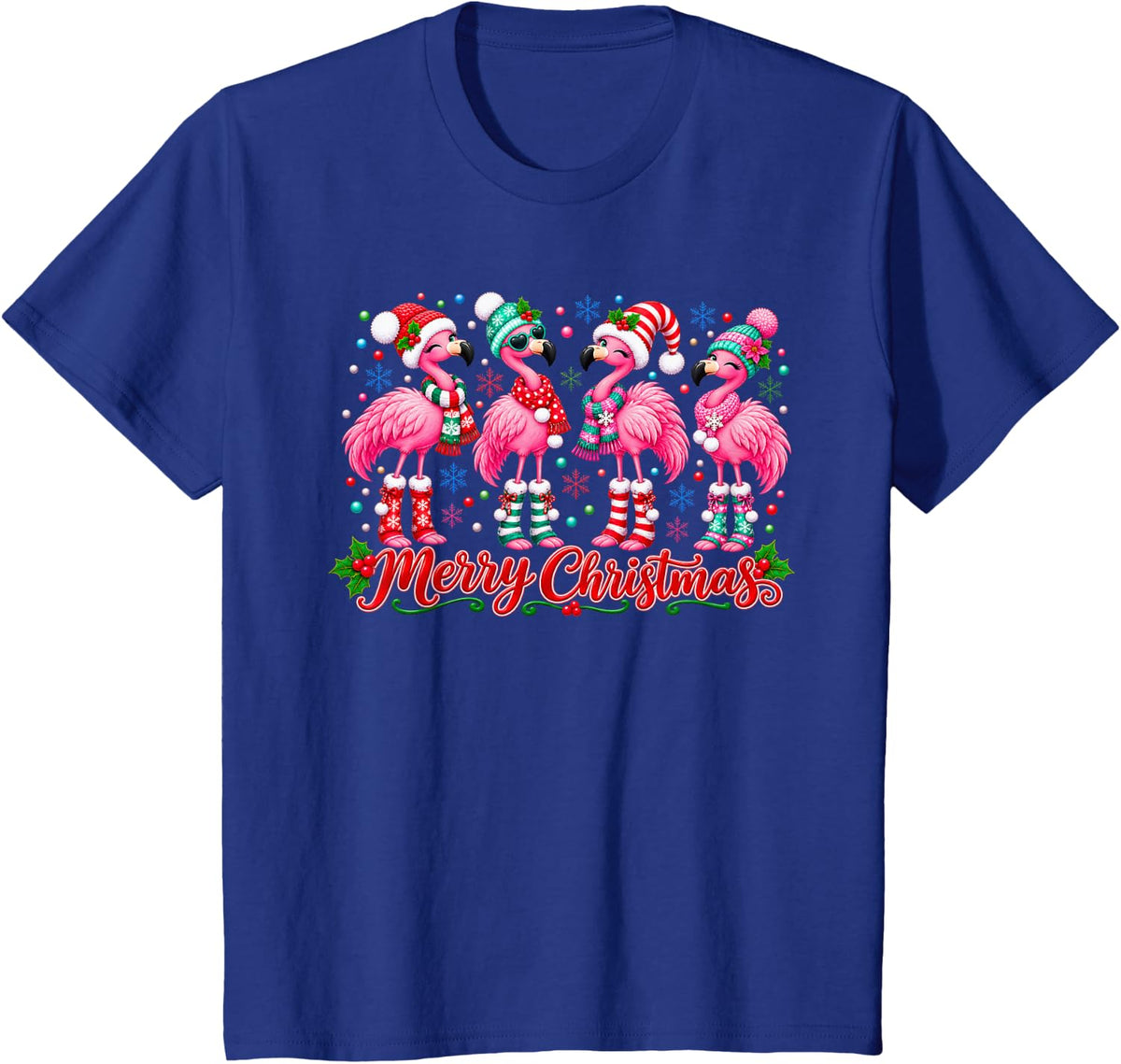 Merry Christmas Pink Flamingo Squad Santa Hat Socks Winter T-Shirt - Royal Blue