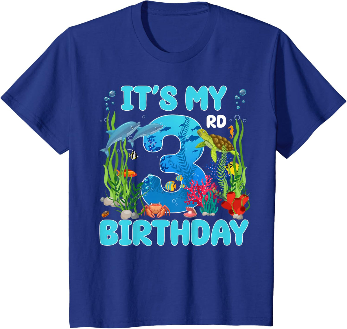 3rd Ocean Birthday Party Three Years Old Sea Animals Kids T-Shirt - Royal Blue