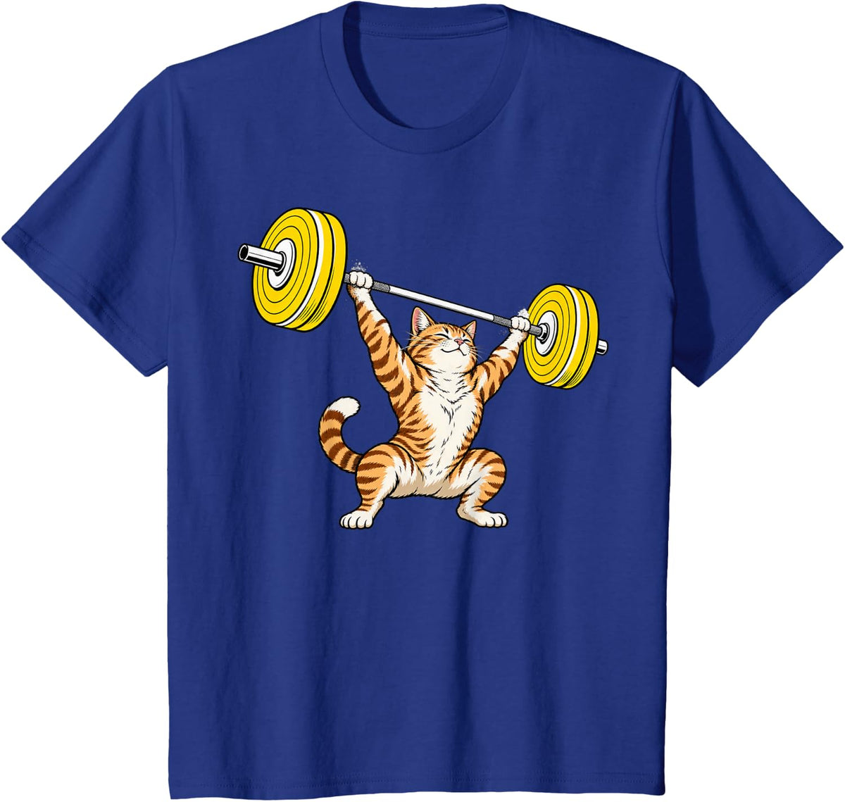Muscular Tabby Cat Overhead Pressing Barbell T-Shirt - Royal Blue