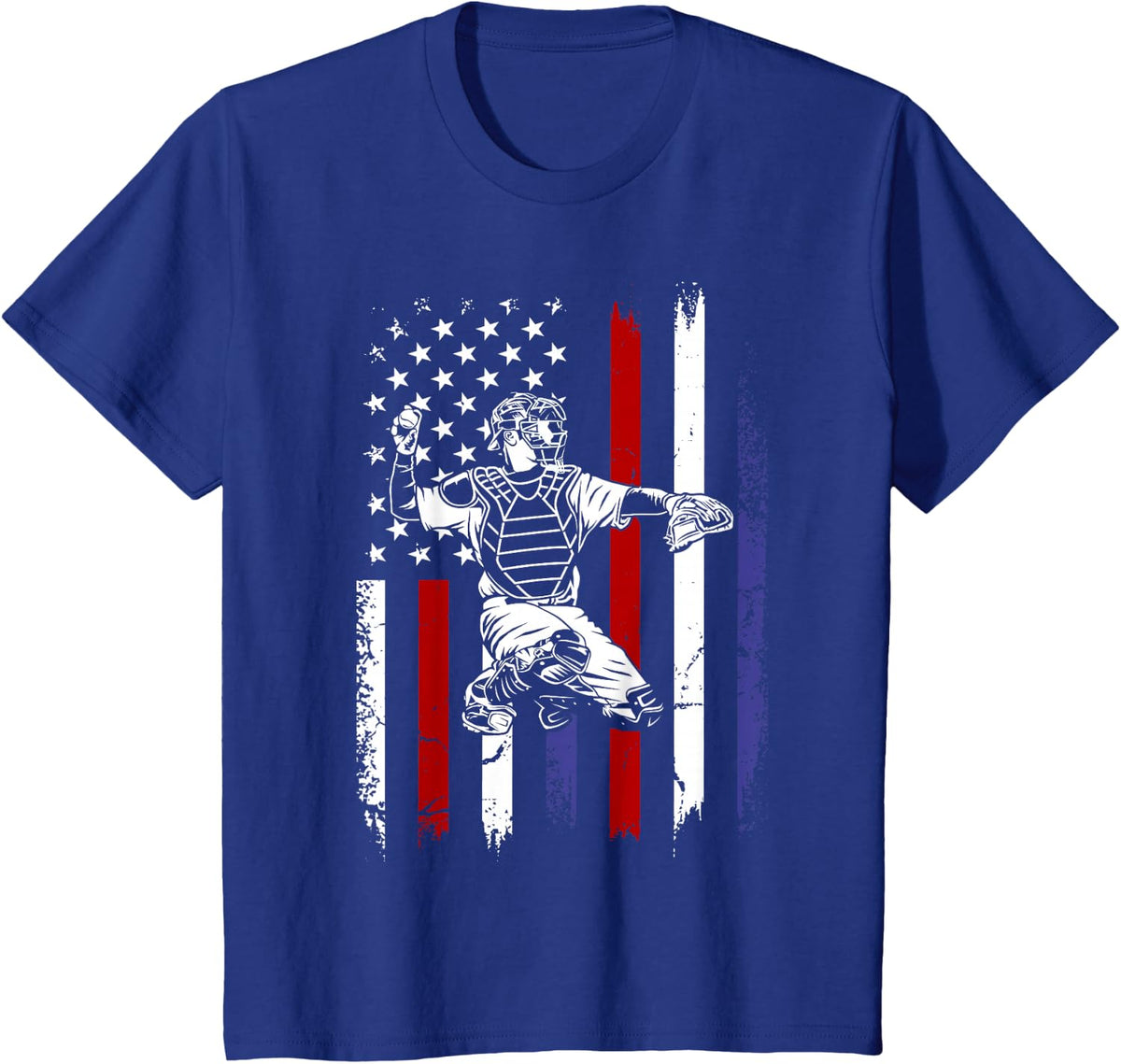 Baseball American Flag Patriotic Catcher 4th of July T-Shirt - Royal Blue