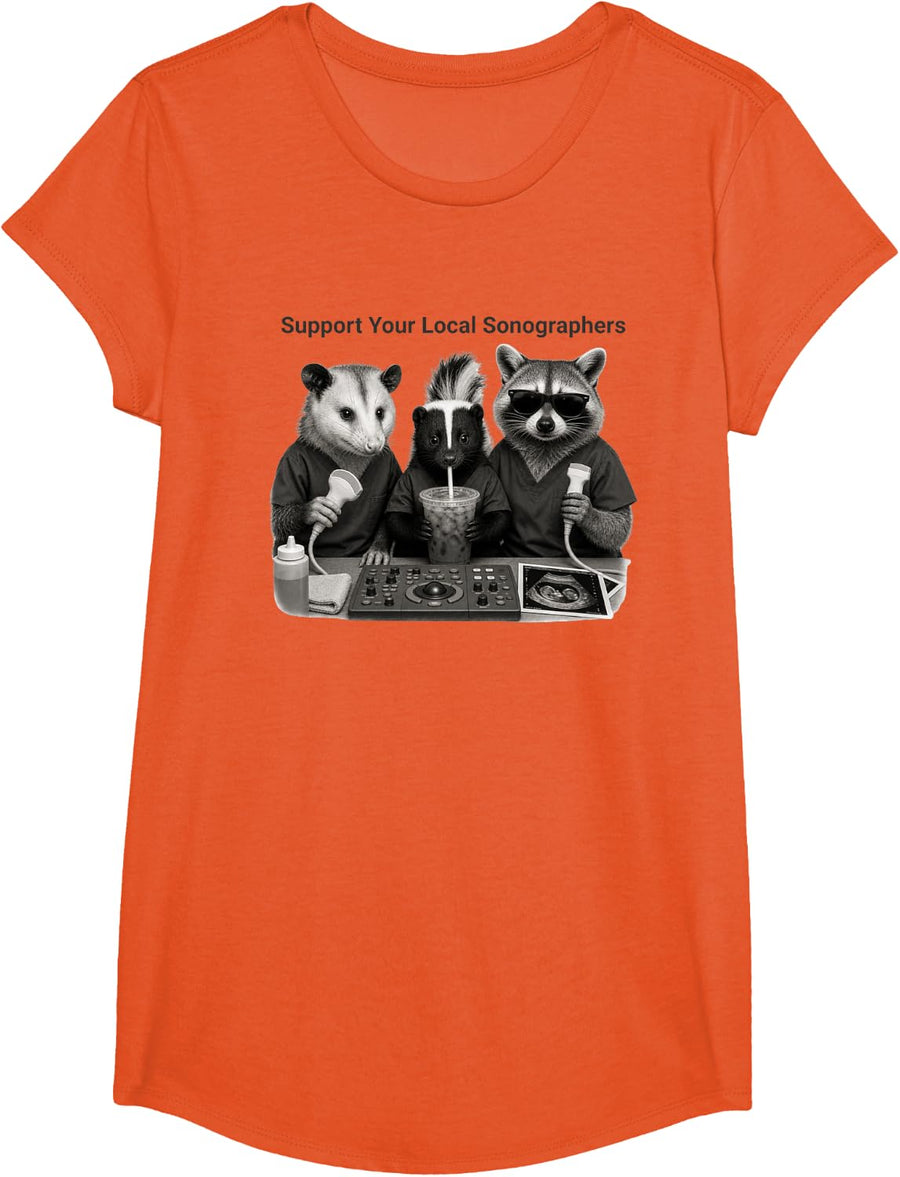 Support Your Local Sonographers Raccoon Ultrasound Tech T-Shirt - Girls Orange
