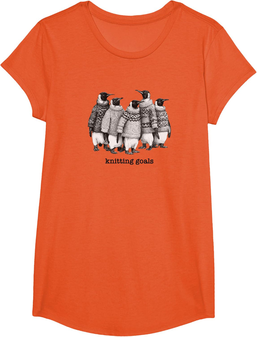 Knitting Goals Penguins Wearing Cozy Sweaters Cute Knitters T-Shirt - Girls Orange