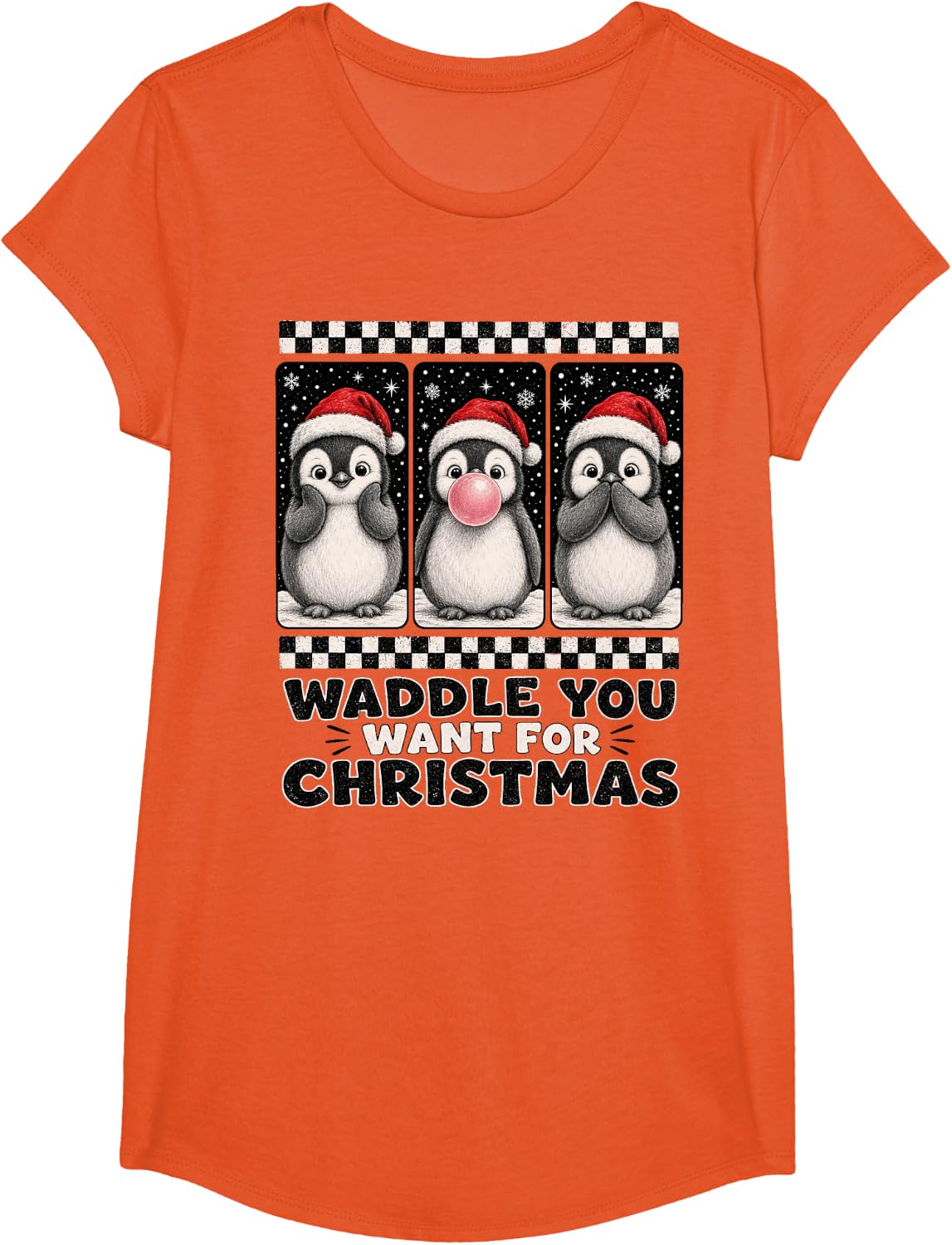 Waddle You Want for Christmas Cute Xmas Funny Penguin T-Shirt - Girls Orange