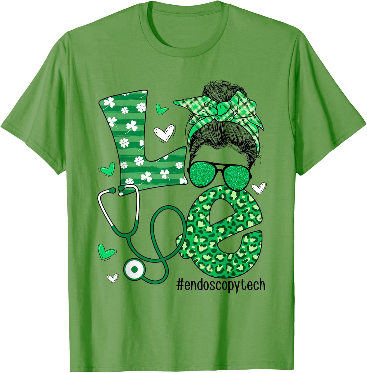 St Patrick's Day Shamrock Love Endoscopy Tech Life Messy Bun T-Shirt - Grass Green