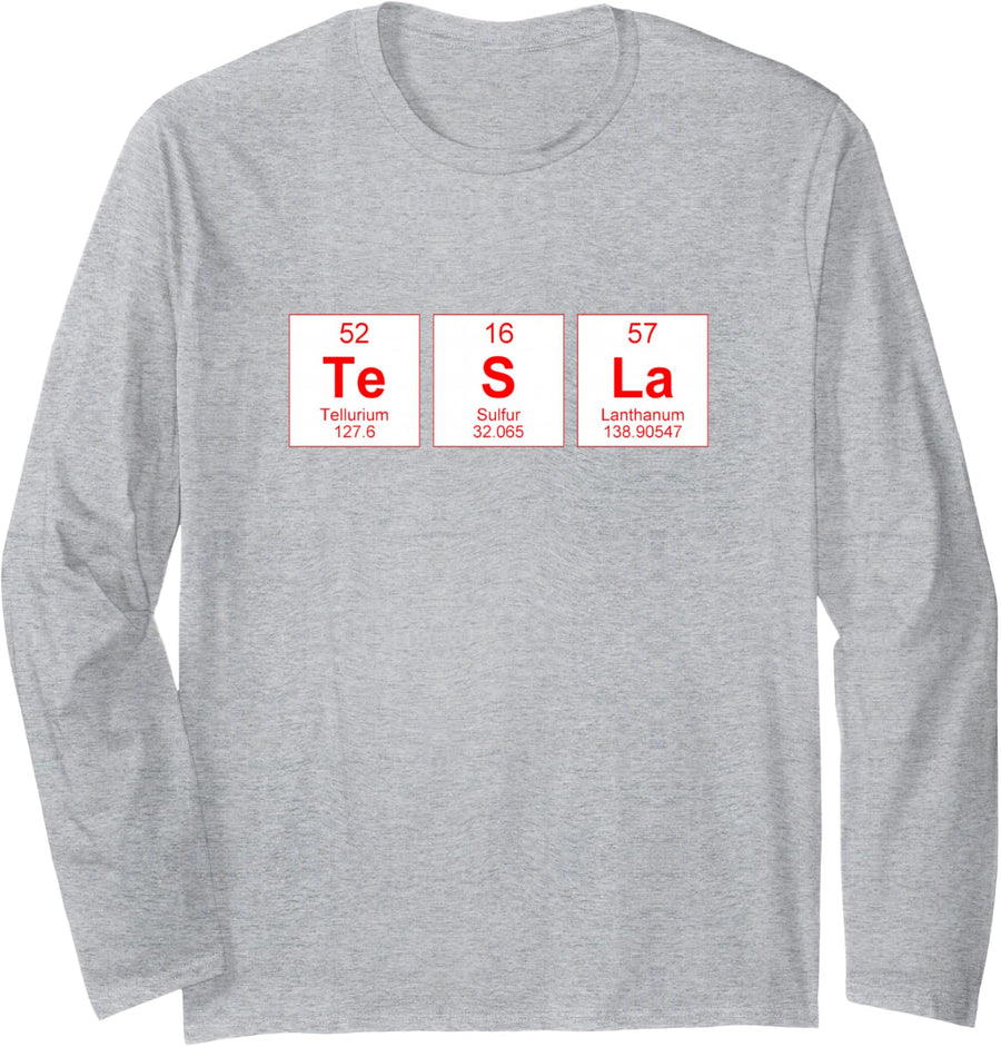 Periodic-Table-Tesla Long Sleeve T-Shirt - Adult Unisex Heather Grey