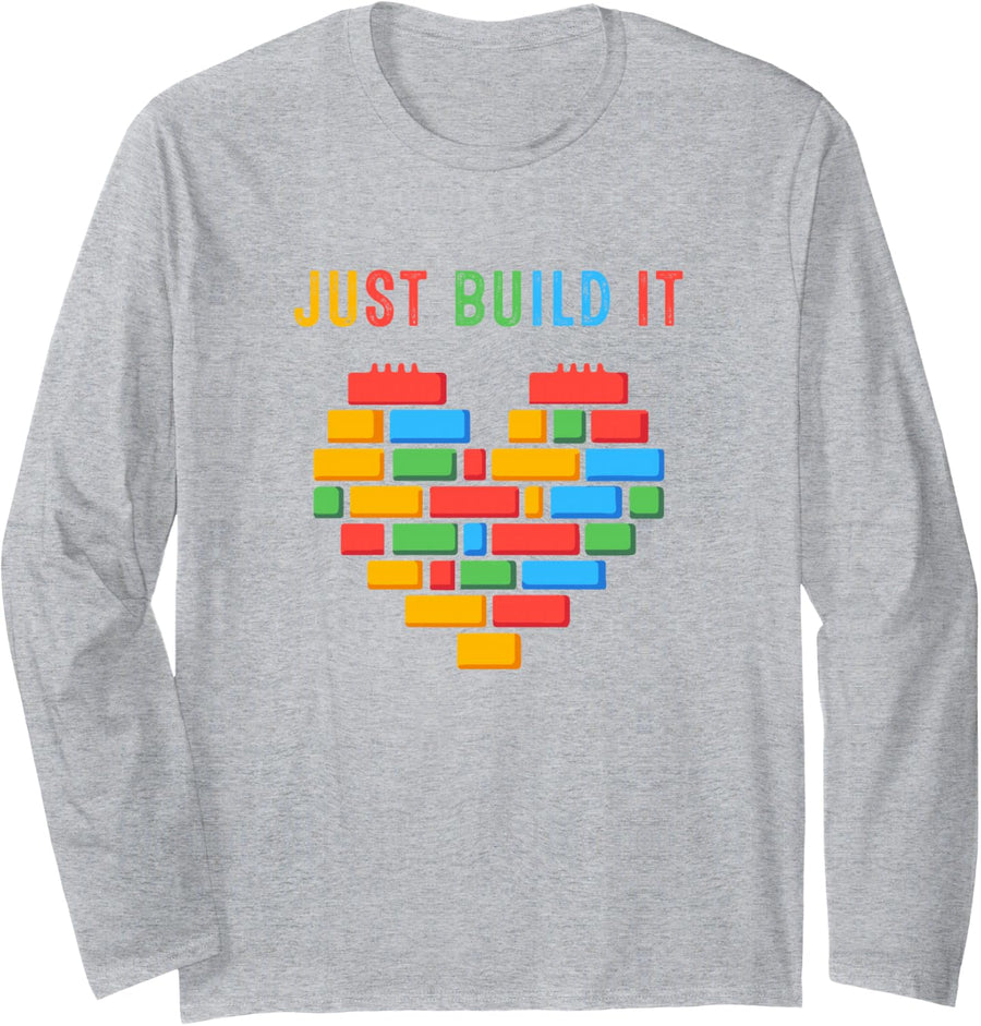 Just Build It Building Blocks Bricks Heart Long Sleeve T-Shirt - Adult Unisex Heather Grey