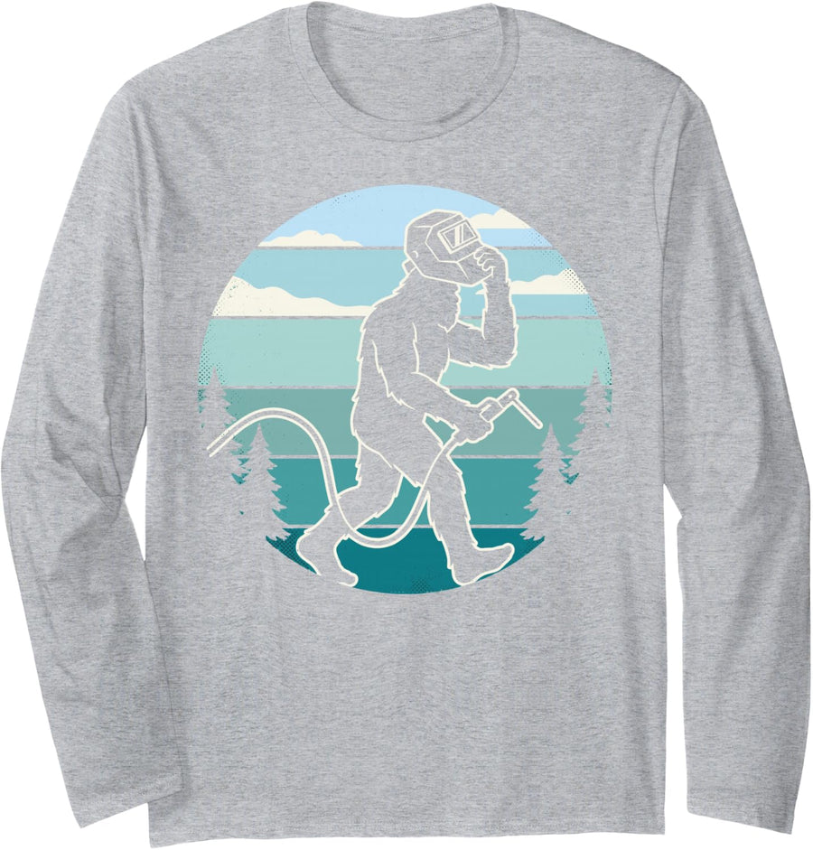 Vintage Sasquatch Welder Welding Metalworker Metal Weld Tee Long Sleeve T-Shirt - Adult Unisex Heather Grey