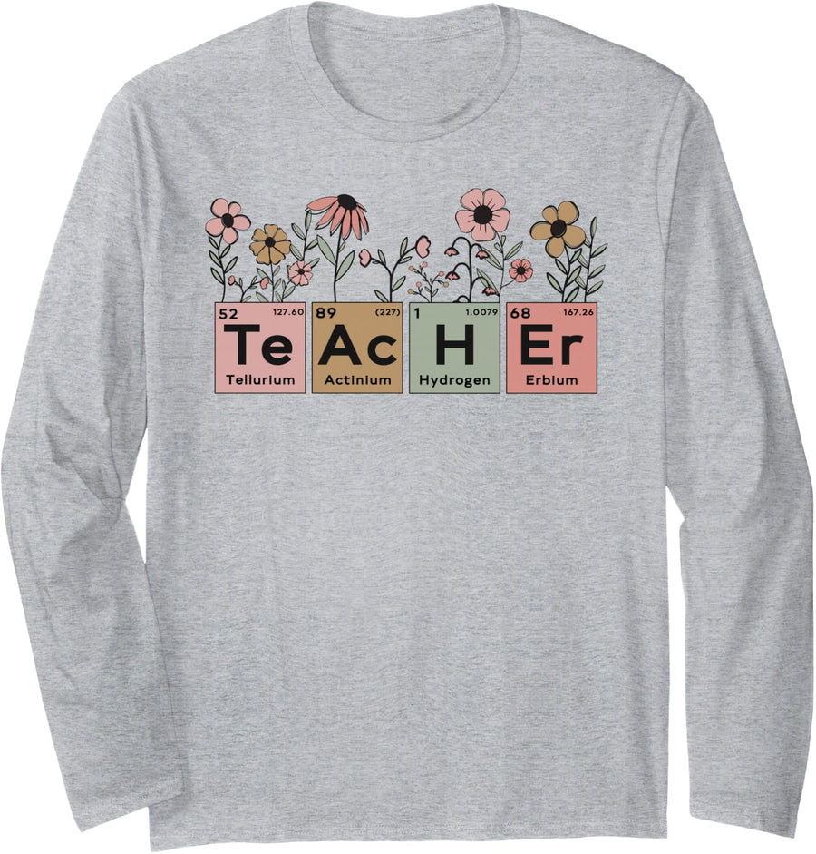 Science Teacher Periodic Table Floral For Chemistry Teacher Long Sleeve T-Shirt - Adult Unisex Heather Grey