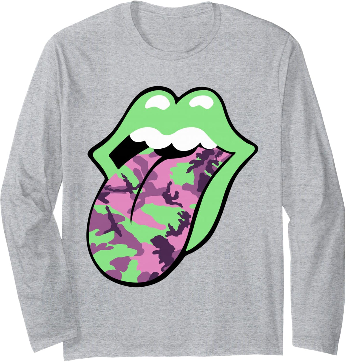 Official Rolling Stones Pink Camo Tongue Long Sleeve T-Shirt - Adult Unisex Heather Grey