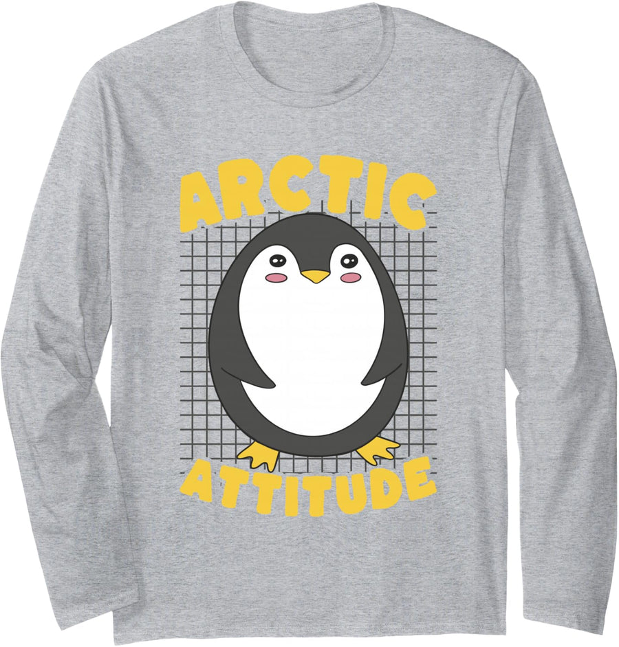 Arctic Attitude Cute Penguin Cartoon Design Long Sleeve T-Shirt - Adult Unisex Heather Grey