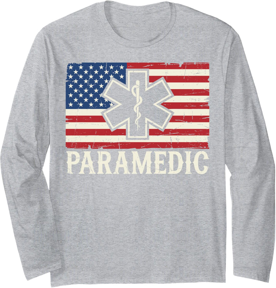 US American Flag EMT Paramedic Emergency Medicine Ambulance Long Sleeve T-Shirt - Adult Unisex Heather Grey