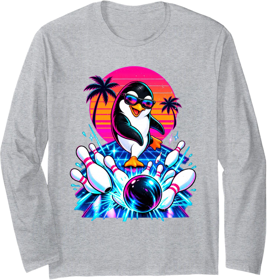 Penguin Bowling Tropical Sunset Long Sleeve T-Shirt - Adult Unisex Heather Grey