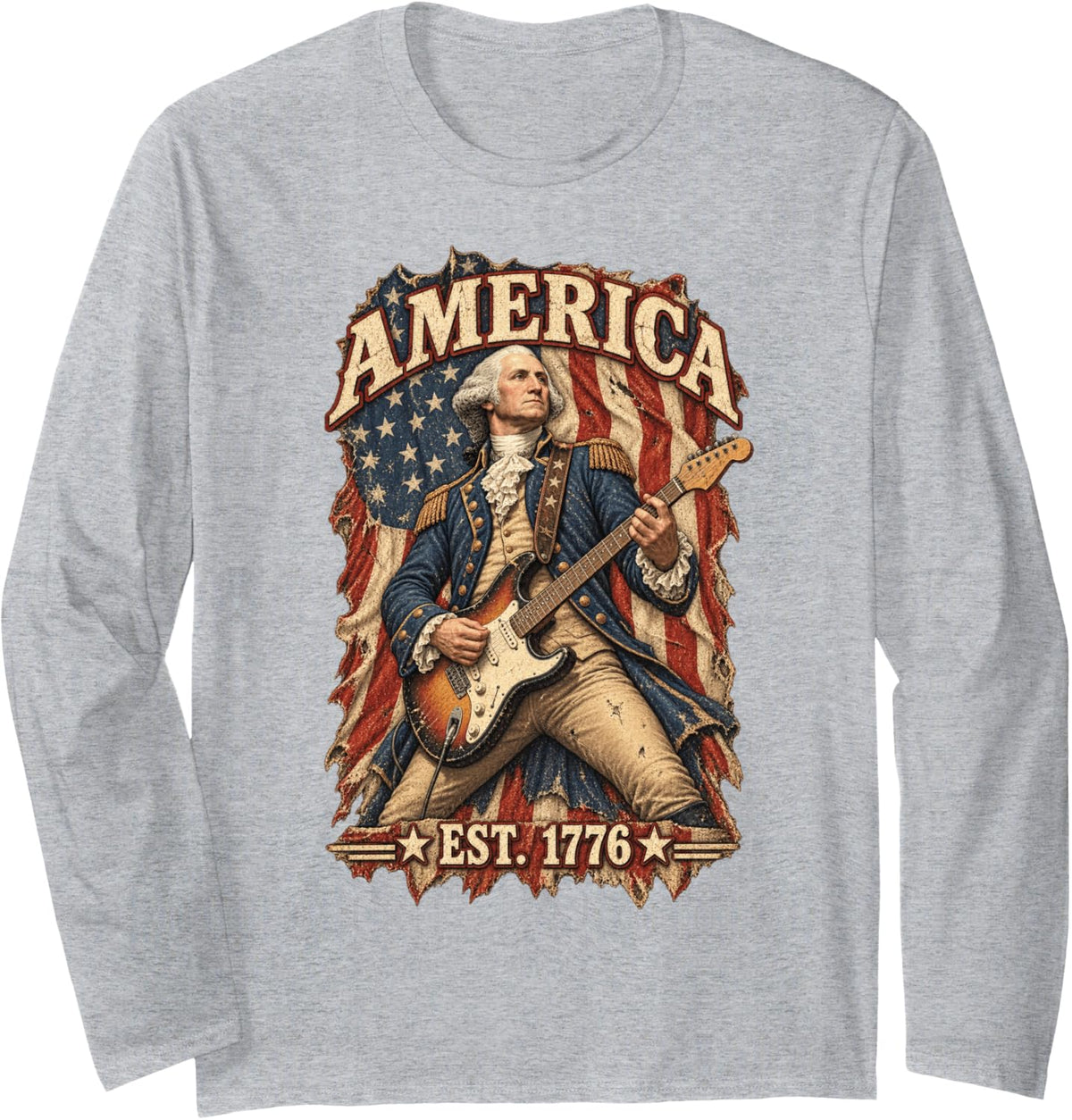 George Washington Playing Guitar Funny 4th of July President Long Sleeve T-Shirt - Adult Unisex Heather Grey