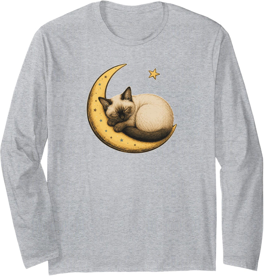 Sleeping Siamese Cat on Crescent Moon Celestial Art Long Sleeve T-Shirt - Adult Unisex Heather Grey