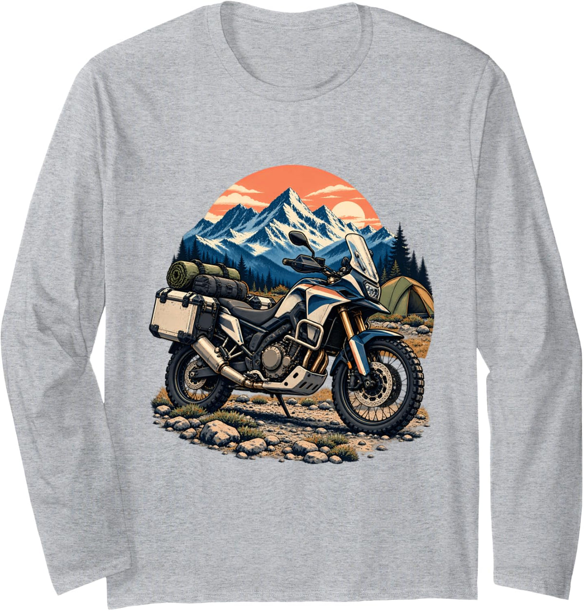Adventure Motorcycle Camping Snowy Mountains Sunset Long Sleeve T-Shirt - Adult Unisex Heather Grey