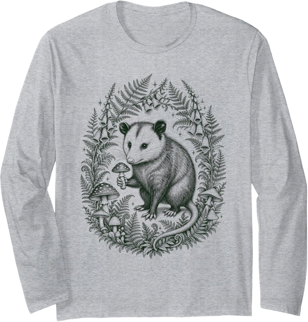 Opossum Mushroom Fern Forest Vintage Possum Lover Long Sleeve T-Shirt - Adult Unisex Heather Grey