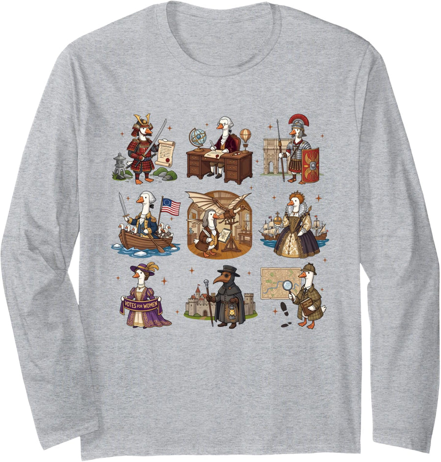 Silly Goose History Teacher Funny Goose Meme 4th of July Long Sleeve T-Shirt - Adult Unisex Heather Grey