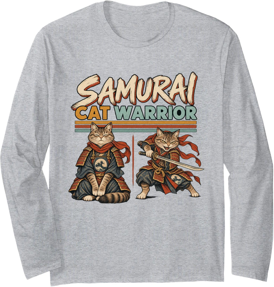 Samurai CAT Warrior Ukiyo Samurai Warrior Ink Long Sleeve T-Shirt - Adult Unisex Heather Grey