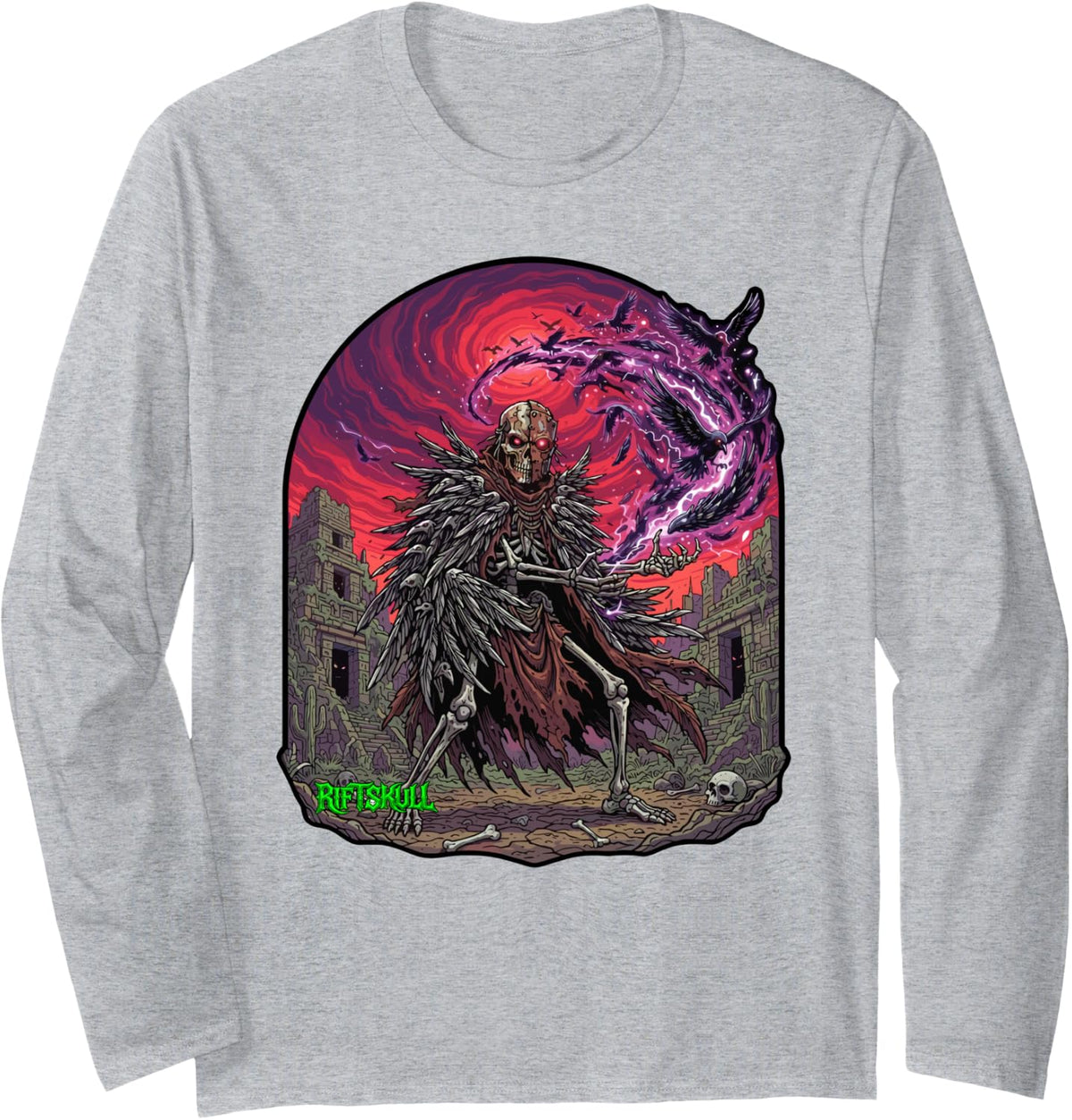 Native American Crow Shaman Skeleton Heavy Metal Rock Gothic Long Sleeve T-Shirt - Adult Unisex Heather Grey