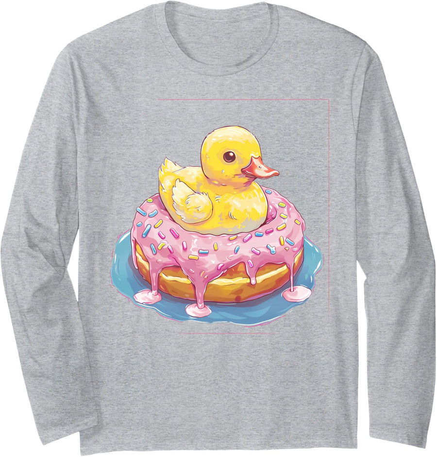 Rubber Duck Donut Drawing Rubber Duckie Rubber Duckling Long Sleeve T-Shirt - Adult Unisex Heather Grey