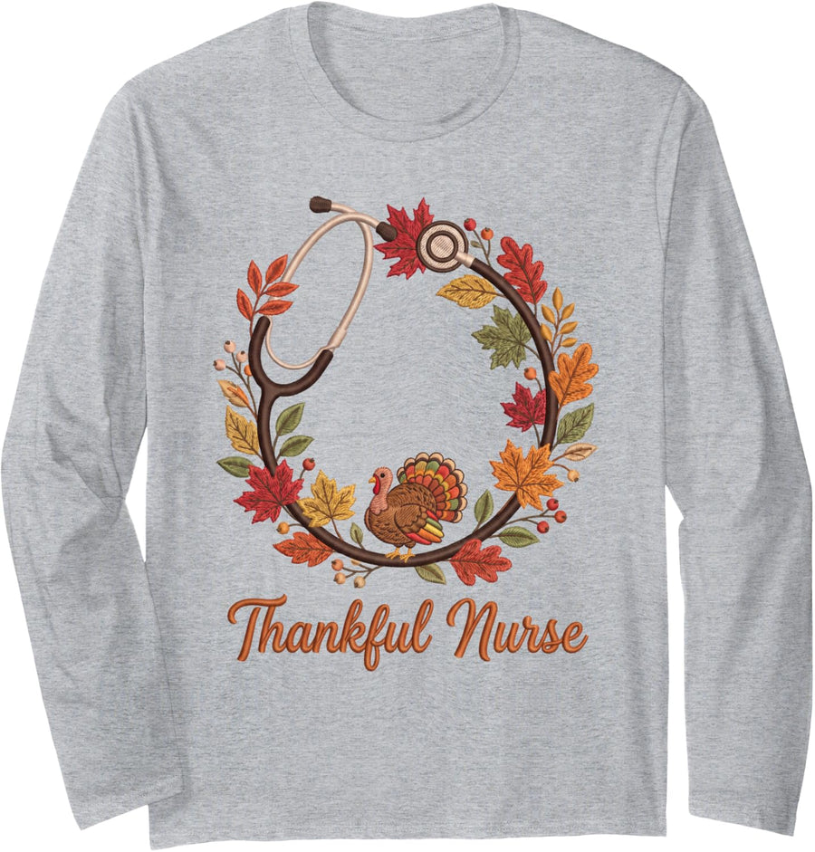 Thankful Nurse Shirt Thanksgiving Stethoscope Wreath Turkey Long Sleeve T-Shirt - Adult Unisex Heather Grey