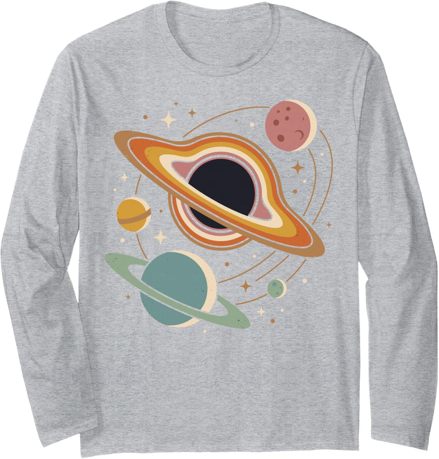Planet Space Black Hole Science Nerd Long Sleeve T-Shirt - Adult Unisex Heather Grey