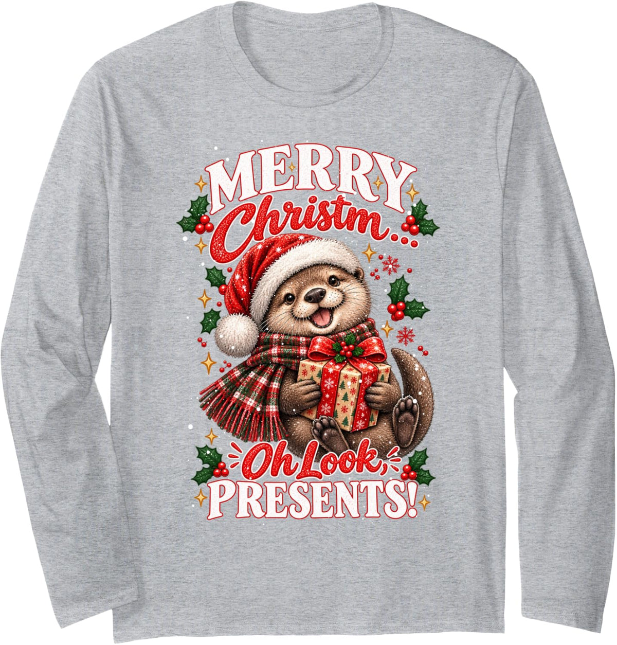 Cute Otter ADHD Christmas Humor Neurodivergent Holiday Cheer Long Sleeve T-Shirt - Adult Unisex Heather Grey