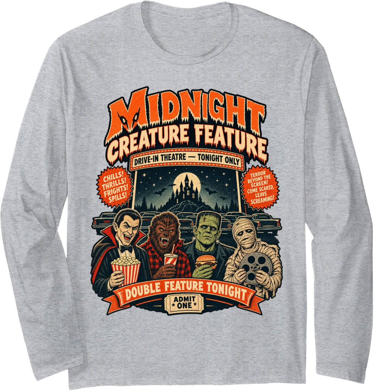 Vintage Halloween Midnight Creature Feature Horror Movie 80s Long Sleeve T-Shirt - Adult Unisex Heather Grey