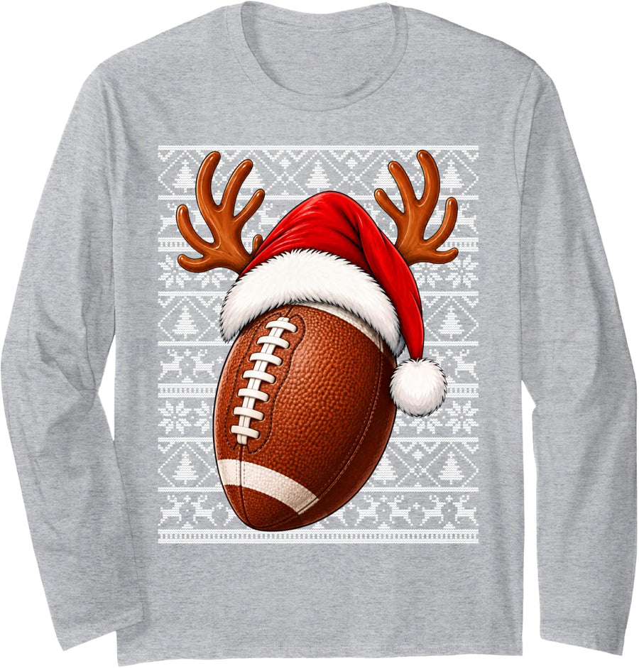 Rugby Christmas Sports Santa Hat Ugly Sweaters Rugby Xmas Long Sleeve T-Shirt - Adult Unisex Heather Grey