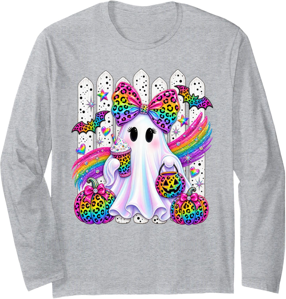 Rainbow Ghost Halloween Leopard Bow Spooky Design Long Sleeve T-Shirt - Adult Unisex Heather Grey