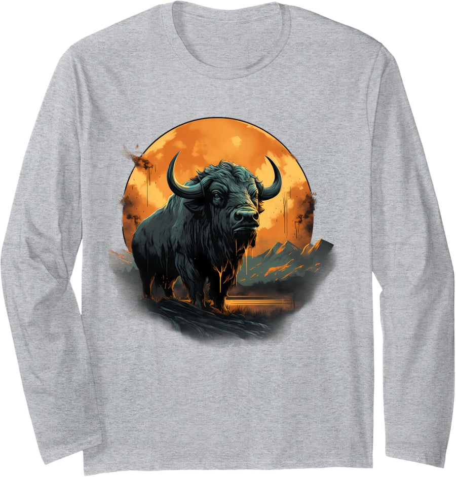 Buffalo Artwork Colorful Nature Bison African Animal Lovers Long Sleeve T-Shirt - Adult Unisex Heather Grey
