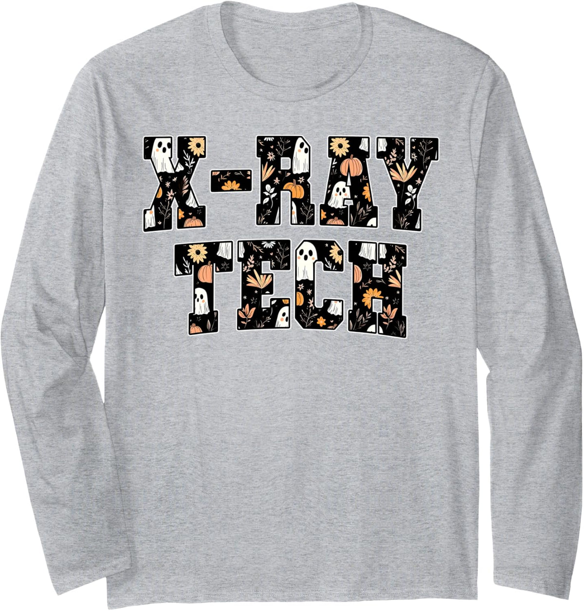 Retro X-Ray Tech Pumpkin Ghost Fall Halloween Radiology Tech Long Sleeve T-Shirt - Adult Unisex Heather Grey