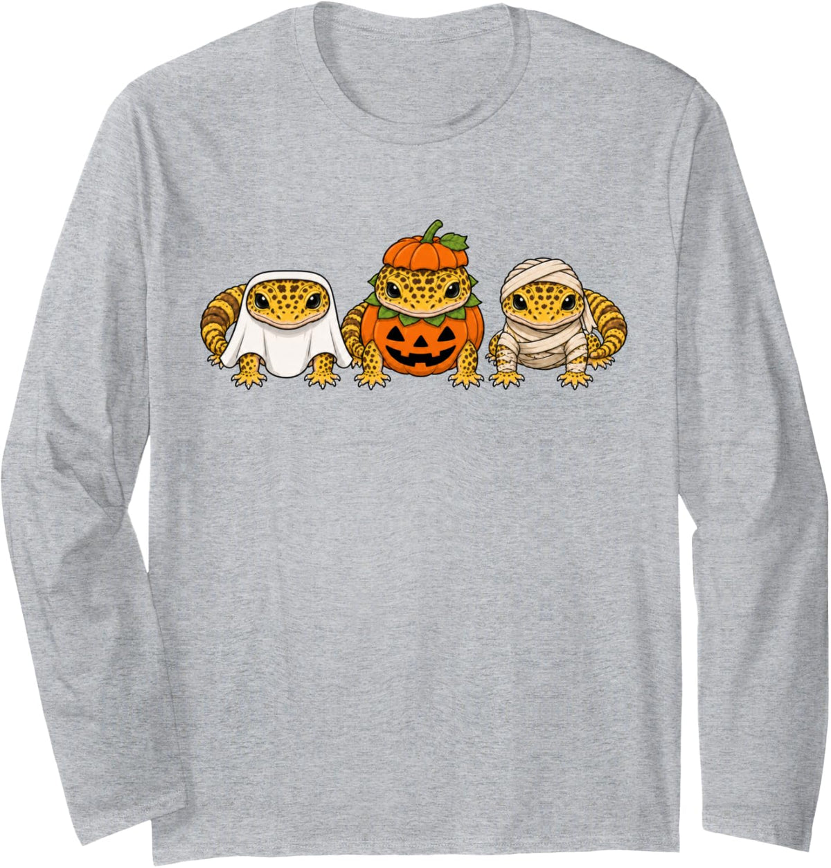 Spooky Leopard Gecko Pumpkin Ghost Halloween Long Sleeve T-Shirt - Adult Unisex Heather Grey