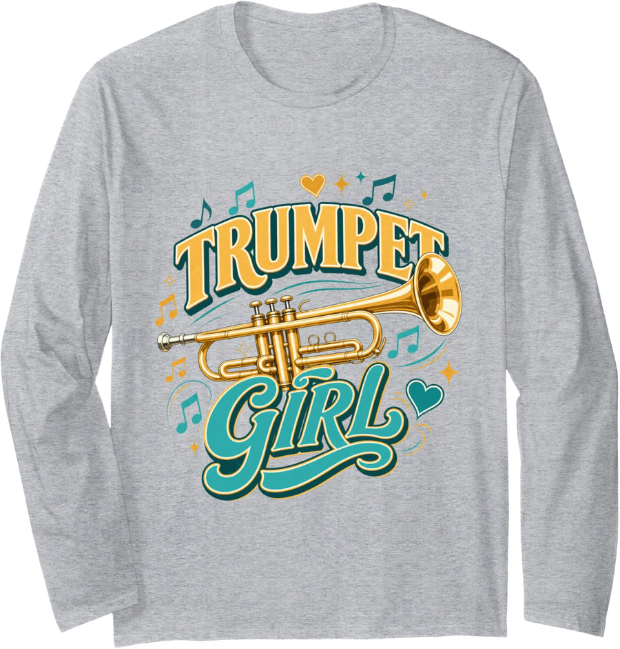 Trumpet Girl Musician Brass Instrument Player Band Student. Long Sleeve T-Shirt - Adult Unisex Heather Grey