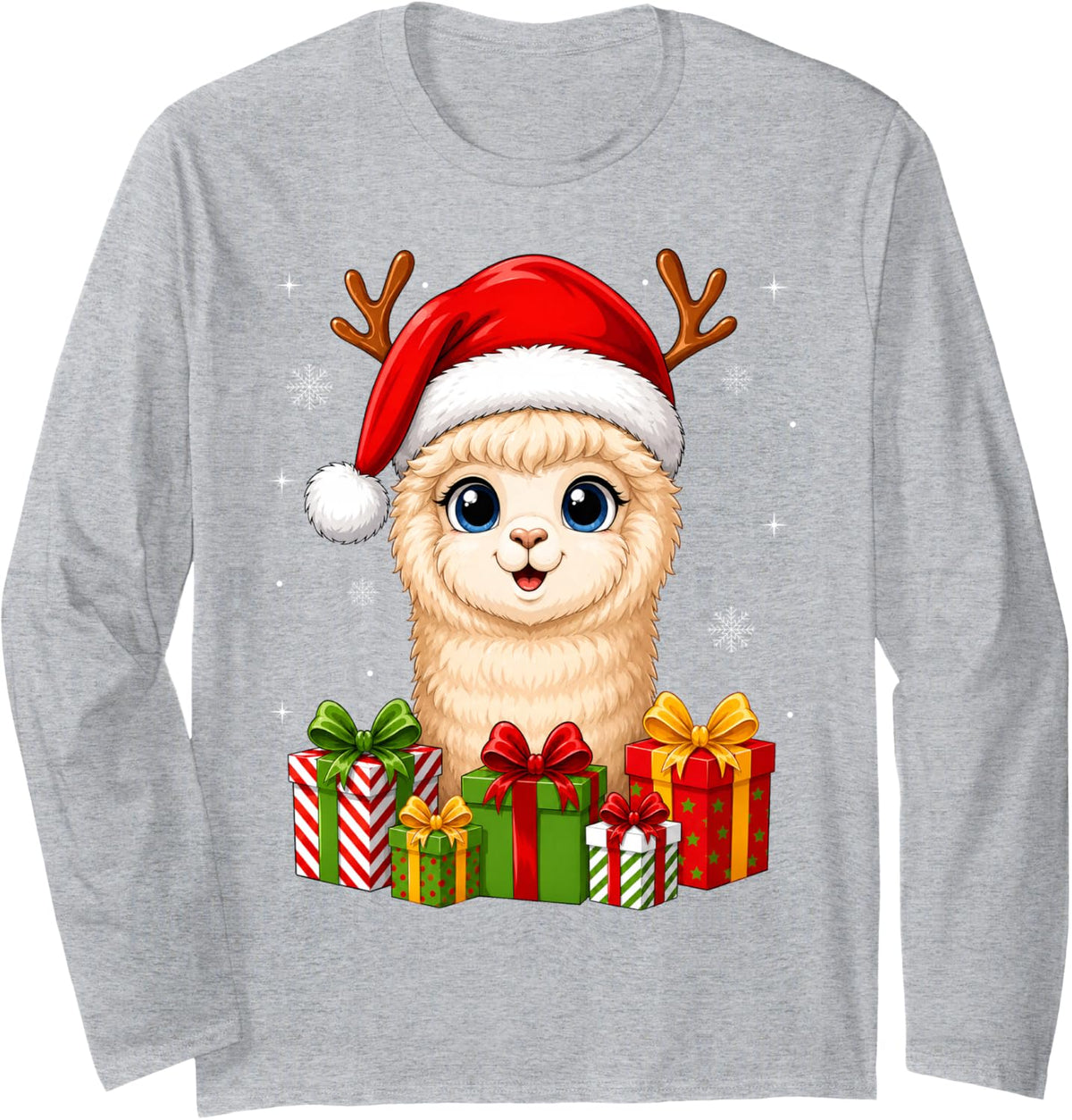 Xmas Decor Cute Festive Santa Hat Alpaca Llama Christmas Long Sleeve T-Shirt - Adult Unisex Heather Grey